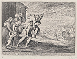 Aeneas fleeing Troy, with a group of six figures leaving the city at left, Aeneas carrying his father Anchises on his back, followed by his wife Creusa and his son Ascanius, two servants at far left, Anton Joseph von Prenner Austrian, Etching