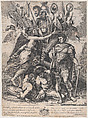 The Trophy of Constantine, with Victory at left crowning the emperor with a laurel, behind them a bounty of arms, armor, prisoners, and Maxentius' head on a stick, Anonymous, Etching and engraving
