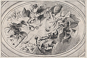 Apotheosis of James I, with the king seated at the bottom, an eagle below him, two angels holding a laurel above him, surrounded by putti, Lucas Vorsterman II Flemish, Etching; second state of three (Hollstein)