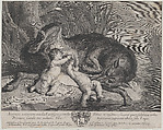 Romulus and Remus suckling the she-wolf on a riverbank, Justus van Egmont  Flemish, Engraving