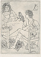 The poet François Villon seated before a table in the company of a cat, a woman and a bird of prey, Federico Cantù  Mexican, Engraving