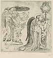 An angel holding a monstrance at right, another holds a goblet at left, from the 'Litanies of the Virgin', Federico Cantù  Mexican, Engraving