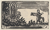 The Virgin of Guadalupe appearing to a man holding a hat (possibly Juan Diego), Anonymous, Mexican, Metal plate engraving (re-strike?)