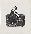 Girl seated on a rock holding a distaff, Anonymous, Mexican, Wood engraving