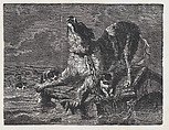 A large chained dog howling while puppies try to climb onboard a sinking dog house, Miguel Pacheco Mexican, Wood engraving