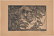 Oversized skulls representing evil forces (the black market, bribes and famine) chasing two skeletons, José Chávez Morado Mexican, Linocut on tan paper