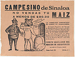 Flyer relating to the farmers of Sinaloa who refused to sell corn under a certain price, a profiteer stands at left being snubbed by a farmer holding a bag of grain, Raúl Anguiano Mexican, Photo-relief and letterpress on tan paper