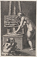 Pictura: allegory of painting, with a nude woman at center grinding pigments, two putti drawing at lower left, Anonymous, Engraving; reverse copy