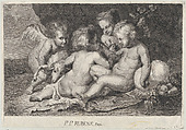 A group of three children and a putto with fruit and a lamb, Philip Spruyt Flemish, Etching