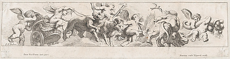 Frieze with putti, some riding a chariot pulled by animals, others riding animals and holding garlands, Lucas Vorsterman II Flemish, Etching; second state of two (Hollstein)