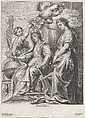Allegory of Good Government, seated at center and being crowned by a putto and a woman at left, Justice standing atop a hydra at right, Pieter de Jode II Flemish, Engraving