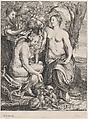 Allegory of abundance: Ceres holding a cornucopia at right and Pomona at left feeding fruit to a monkey, Theodor van Kessel Dutch, Etching and engraving