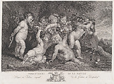 Seven putti carrying a garland of fruit, Heinrich Schmitz  German, Etching and engraving