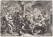 Soldiers and peasants, sitting and fighting near a table, Frans van den Wyngaerde  Flemish, Etching and engraving
