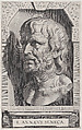 The bust of Seneca, in a stonework niche, Cornelis Galle I Netherlandish, Engraving