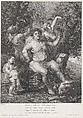 Bacchus seated on a barrel in front of grapevines, with bacchantes, satyrs, and children surrounding him, Pietro Peiroleri Italian, Etching and engraving