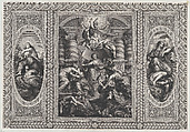James I appointing Charles as King of Scotland at center, Minerva spearing Ignorance at right, and Hercules beating Envy at left, Simon Gribelin II  French, Engraving