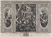 An allegorical scene showing the benefits of James' reign at center, Wise Government trampling Rebellion at right, and Liberty trampling Avarice at left, Simon Gribelin II  French, Engraving