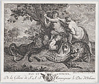 Pan picking grapes while Syrinx grabs his shoulder, with three leopards and two putti below them, Charles Nicolas Varin French, Engraving