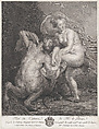 Deianeira receiving the poisoned tunic from Nessus, and the wounded centaur falling to the ground at left, Christian Gottfried Schultze German, Engraving