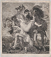 Phoebe and Hilaeria, the daughters of Leucippus, being abducted by Castor and Pollux, Johann Friedrich Leybold  German, Etching and engraving