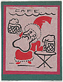 A Christmas Card showing Santa Claus in Paris, Jean Charlot French, Linocut printed in black with stencil colouring on Japan paper on red board, mounted in a green paper folder