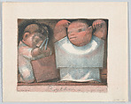 Woman standing with a child on her back, Jean Charlot French, Color lithograph on zinc