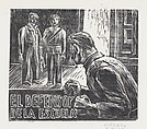 A man pounding his fists on a table while looking at two men standing near a doorway, Alfredo Zalce  Mexican, Linocut