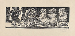 A man weighing stones (crystals?), a woman in the foreground at the counter, Alfredo Zalce  Mexican, Linocut