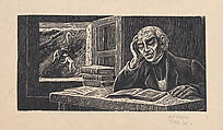 Miguel Hidalgo reading at a desk while laborers work in the fields, illustration for 'Hidalgo', Alfredo Zalce  Mexican, Wood engraving