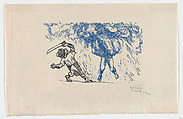 The father strikes the sombrerón with an axe, from "El Sombrerón", Alfredo Zalce  Mexican, Linocut in black and blue on ivory Japanese paper