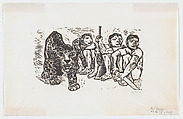 A leopard and a group of seated men holding weapons, from "El Sombrerón", Alfredo Zalce Mexican, Woodcut