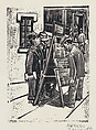 A group of men looking at a newspaper stand, Alfredo Zalce Mexican, Linocut