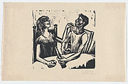 Two people drinking and laughing, Alfredo Zalce Mexican, Linocut