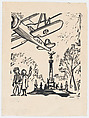 Two people looking up at an American airplane flying overhead, Alfredo Zalce  Mexican, Linocut