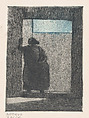 'Yucatan Night': a woman standing in a doorway, Alfredo Zalce Mexican, Etching with addition of blue wash
