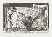 A woman grasping a hammock from which a figure emerges, Alfredo Zalce Mexican, Engraving