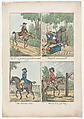Four Scenes: How to Ride Genteel & Agreeable Down Hill; How to be Run Away With; The Mistaken Notion; How to Loose Your Way, Henry William Bunbury British, Hand-colored etching
