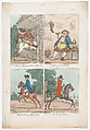 Four Scenes: How to Stop your Horse at Pleasure; Geoffrey Gombado Esq-r.; How to Ride up Hyde Park; A Bit of Blood, Henry William Bunbury British, Hand-colored etching