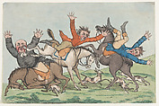 Three Riders Fall from their Mounts, Henry William Bunbury British, Hand-colored etching