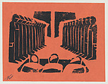 'The unjust', two lines of figures standing before three people seated at a table, from the folio '13 Grabados', David Alfaro Siqueiros Mexican, Woodcut on orange paper