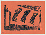 'The deportees', three figures, from the folio '13 Grabados', David Alfaro Siqueiros Mexican, Woodcut on orange paper