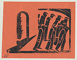 'The lockout', figures walking to the right, from the folio '13 Grabados', David Alfaro Siqueiros Mexican, Woodcut on orange paper