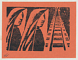 'The wives of the deportees', two women in profile standing by train tracks, from the folio '13 Grabados', David Alfaro Siqueiros Mexican, Woodcut on orange paper