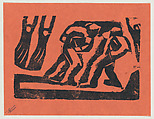 'One consequence', two men, possibly fighting, from the folio '13 Grabados', David Alfaro Siqueiros Mexican, Woodcut on orange paper