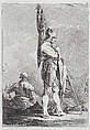 Two Soldiers, One Standing Holding a Flag, One Seated Seen from Behind, Matthias Pfenninger  Swiss, Etching