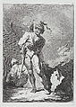 Two Soldiers, One Standing with Sword, Bow and Arrows, One Seated Seen from Behind, Matthias Pfenninger  Swiss, Etching