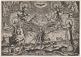 The triumph of faith, a soldier standing in centre holding shield adorned with arms of Alva; Holy Trinity above, St James Major on horseback at left, Marcos de Orozco Spanish, Engraving