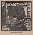 A man sitting in a doorway sheltered by an awning selling fruit from baskets, from the portfolio 'Los pequeños grabadores en madera, alumnos de la Escuela Preparatoria de Jalisco' (Guadalajara, Mexico 1925)., Juan Manuel García  Mexican, Woodcut
