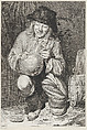 The Joy of the Cellar: kneeling farmer boy holding a jug next to wine barrel, Adam von Bartsch Austrian, Etching and engraving